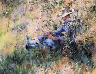 Girl by a Flowering Hawthorn Bush by Carl Larsson